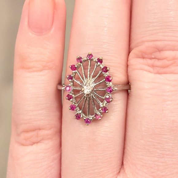 Vintage 14K PSCO Natural Ruby Diamond Ring Art Nouveau Size 7 Filigree Starburst - Picture 7 of 16